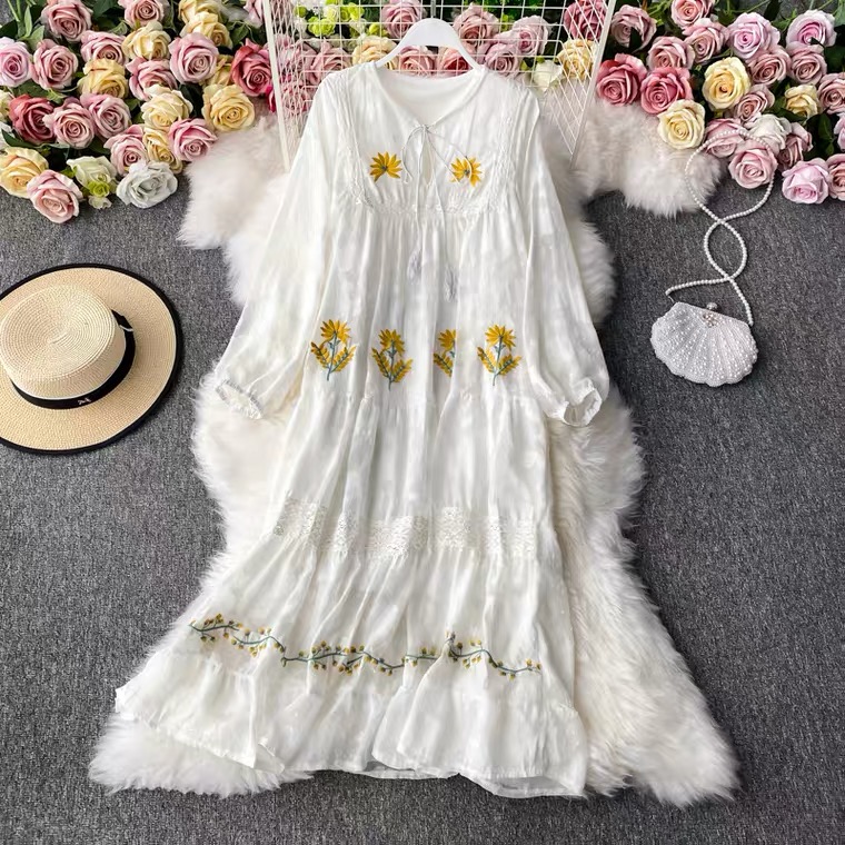 Bohemian, Floral Embroidered Dress, Romantic White, Square Collar Big Skirt, Holiday Ethnic Style Long Dress