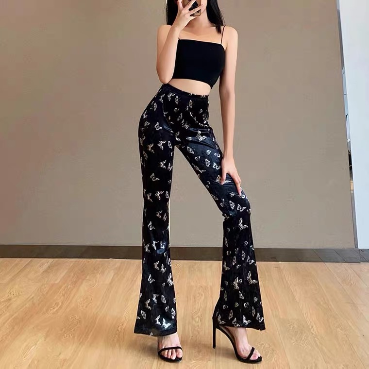 Butterfly printed flared trousers, new summer style, sexy hips, velvet casual trousers