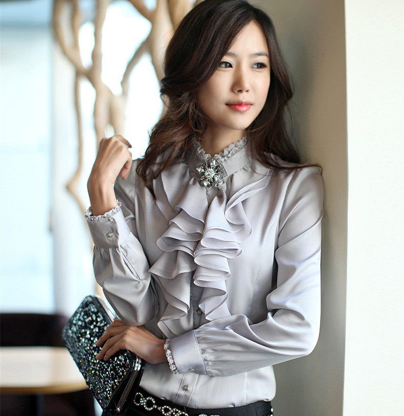 Spring And Autumn , Professional White Shirt, Long Sleeve Collar Bottom Shirt Top, Chiffon Blouse,offices,complimentary Pearl Brooch