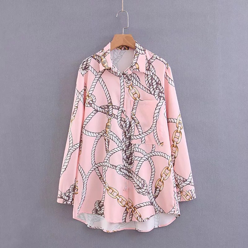 Chain Print, Single Breasted, Loose, Long Sleeve Blouse