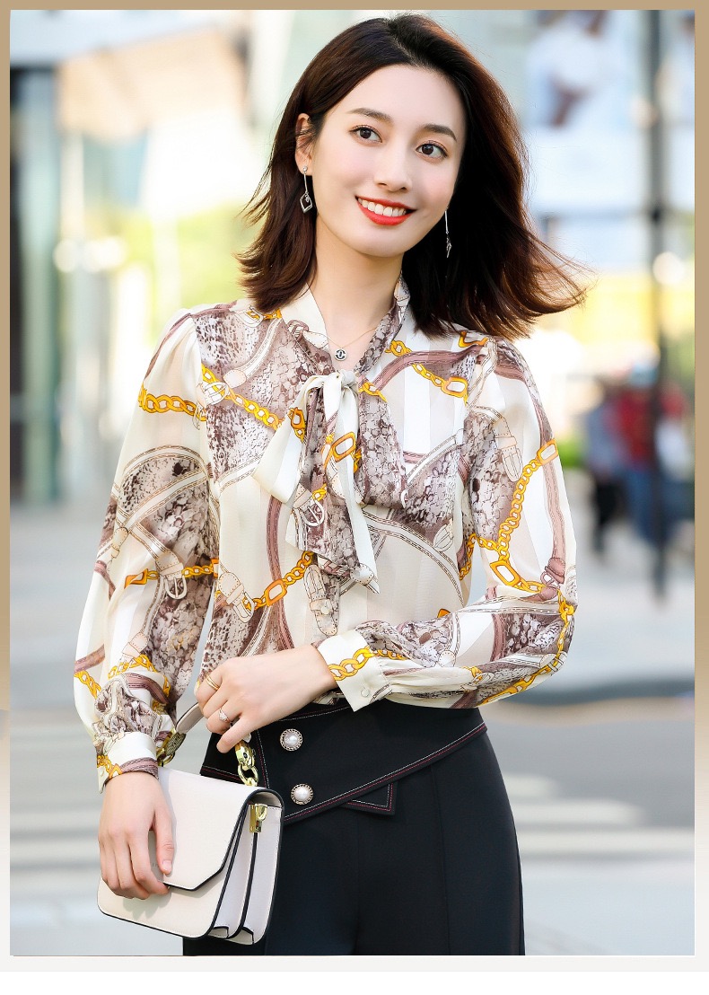 Bowknot Tie Chiffon Long-sleeve Floral Shirt, Fashion Printed Blouse, Long-sleeve Top,office