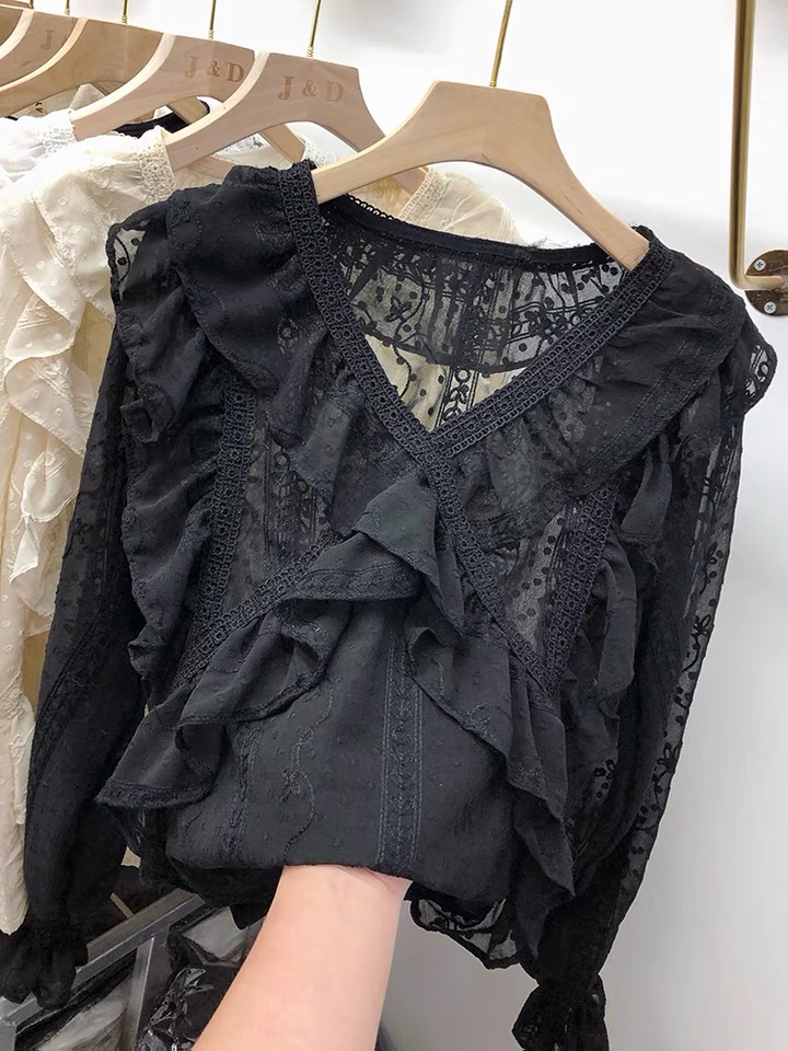 Black Lace Chiffon, Long Sleeves, Spring Style, Loose, V-neck Top With Flounces