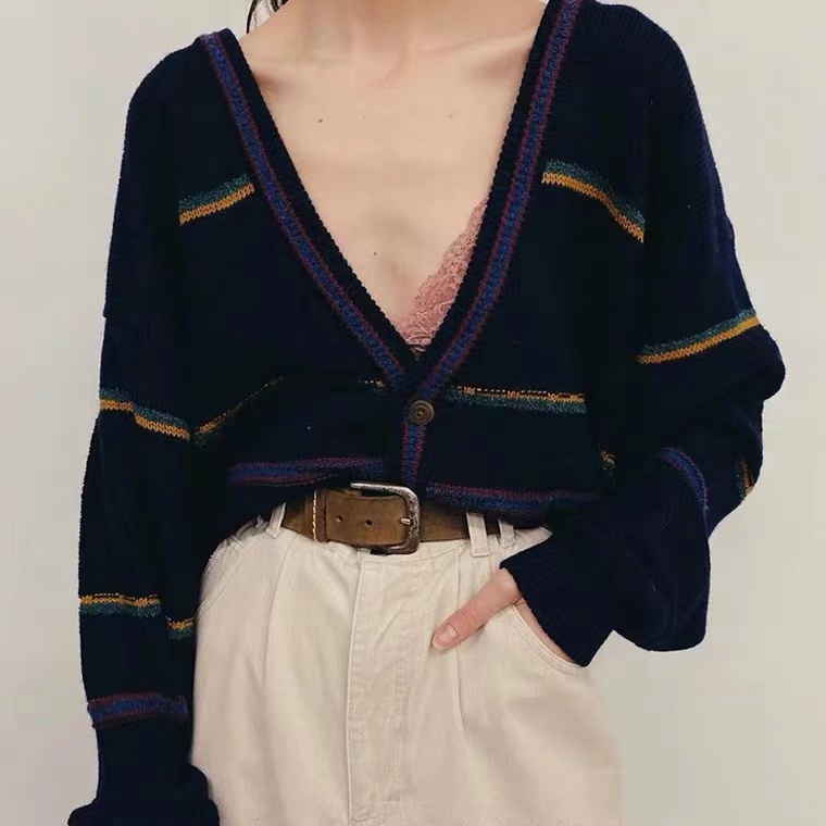 Vintage, Navy Blue, V-neck Striped Sweater Jacket, Slouchy Cardigan