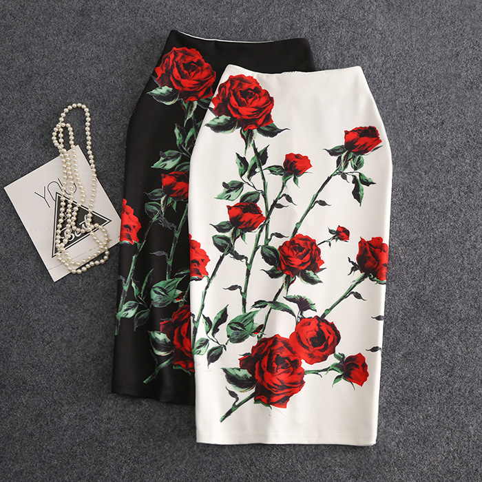 Classic, Rose Printed Skirt, Mid Length Slit, Bodycon Skirt