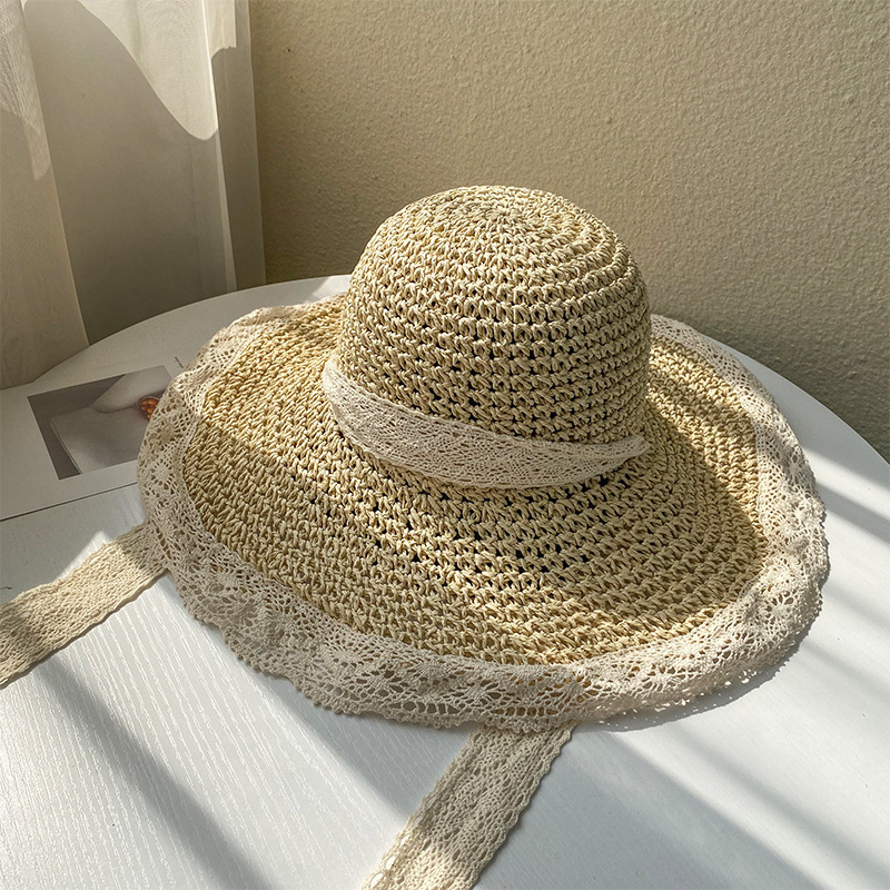 Summer, Thin Style Breathable, Lace Lace Hollow Out, With Windproof Rope Straw Hat