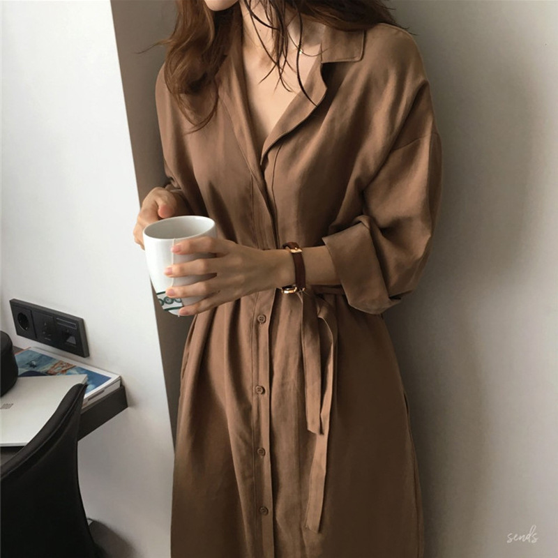 Home Long Dress, Tie V-neck, Cold Style Dress, Lazy Style, Chic Spring And Autumn Shirt Dress
