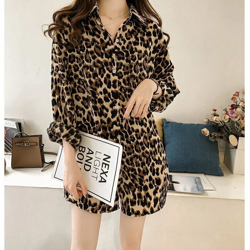 Spring , Fashion, Loose, Large Size, Leopard Print Shirt, Long Sleeve Top, Midi Shirt