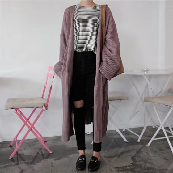 Vintage, Chic Long, Solid Color Curls, Lazy Loose Knitted Long Sleeve Sweater Coat