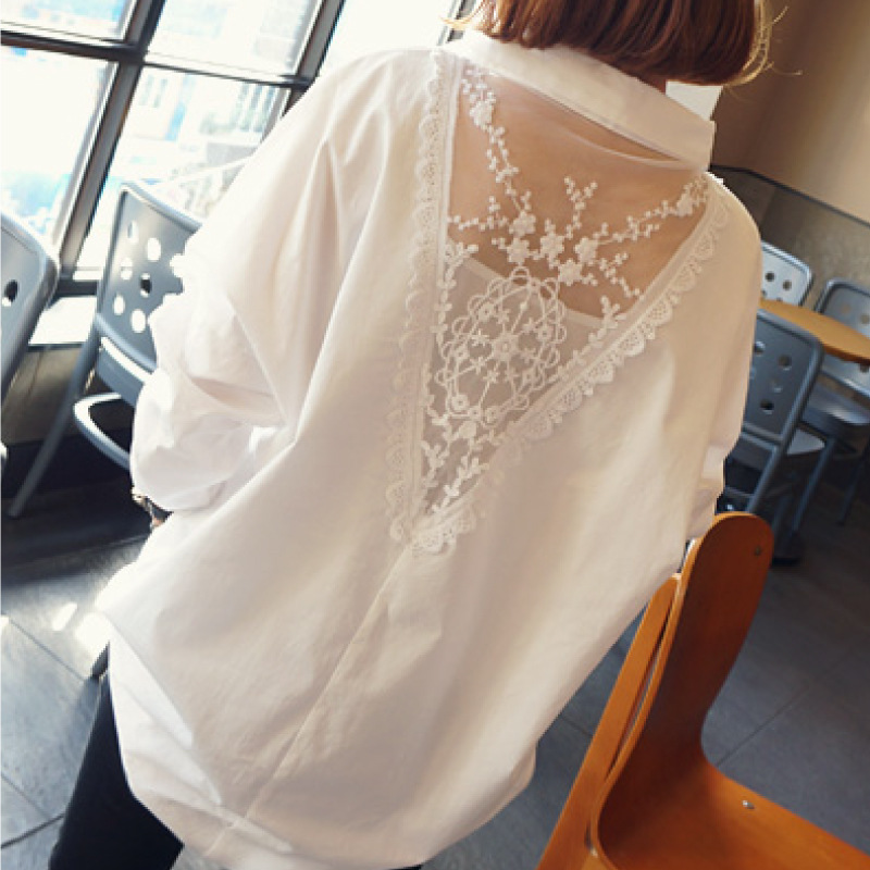 Large Size Woman, V-neck, Lace Patchwork Long Sleeves, Solid Color Backless Versatile Blouse