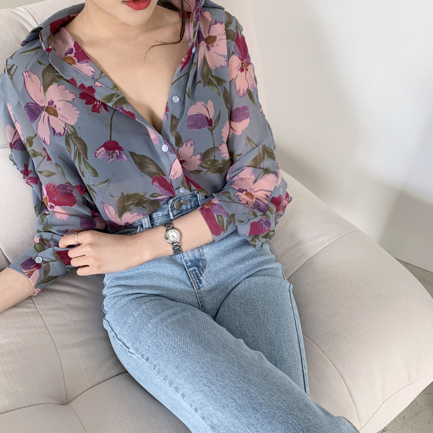 Light luxury floral chiffon shirt, thin simple long-sleeve blouse