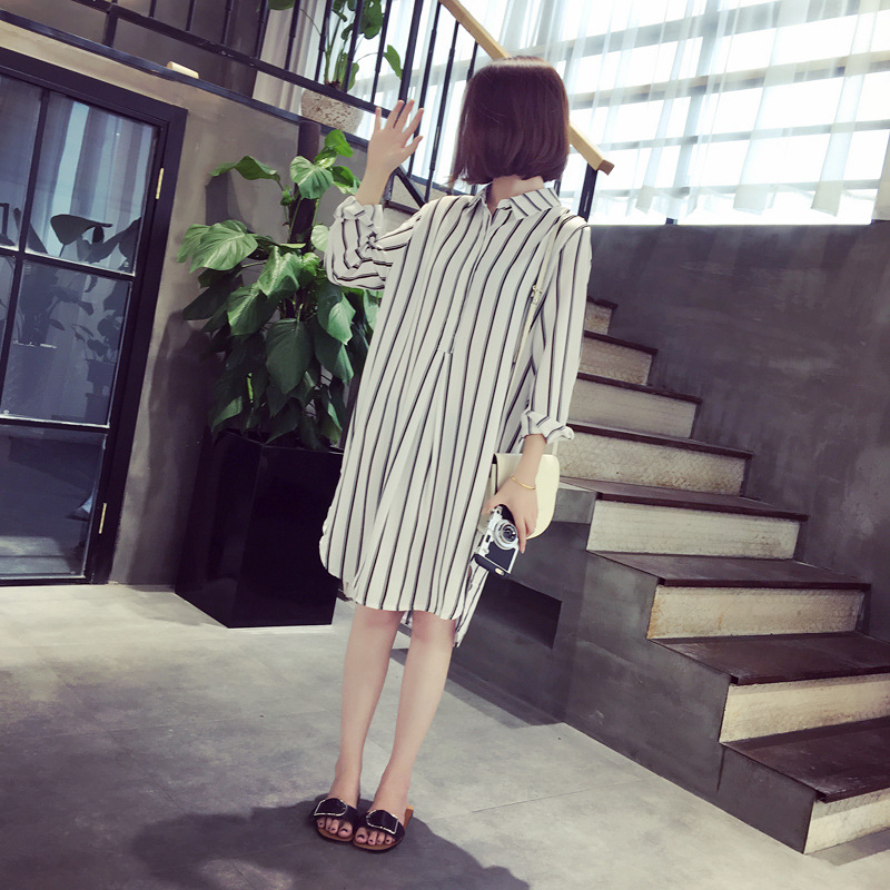 Large Size, Vertical Stripe Loose Midi Long Sleeve Shirt, Casual Shirt Dress