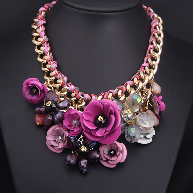 Colorful Flowers, Gemstone Pendant, Cotton Cord Necklace, Short Collarbone Exaggerated Woman Accessories