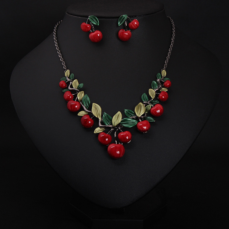 Cherry Necklace Earrings Jewelry Set, Evening Dress Fashion Lady Exaggerated Accessories, Wholesale