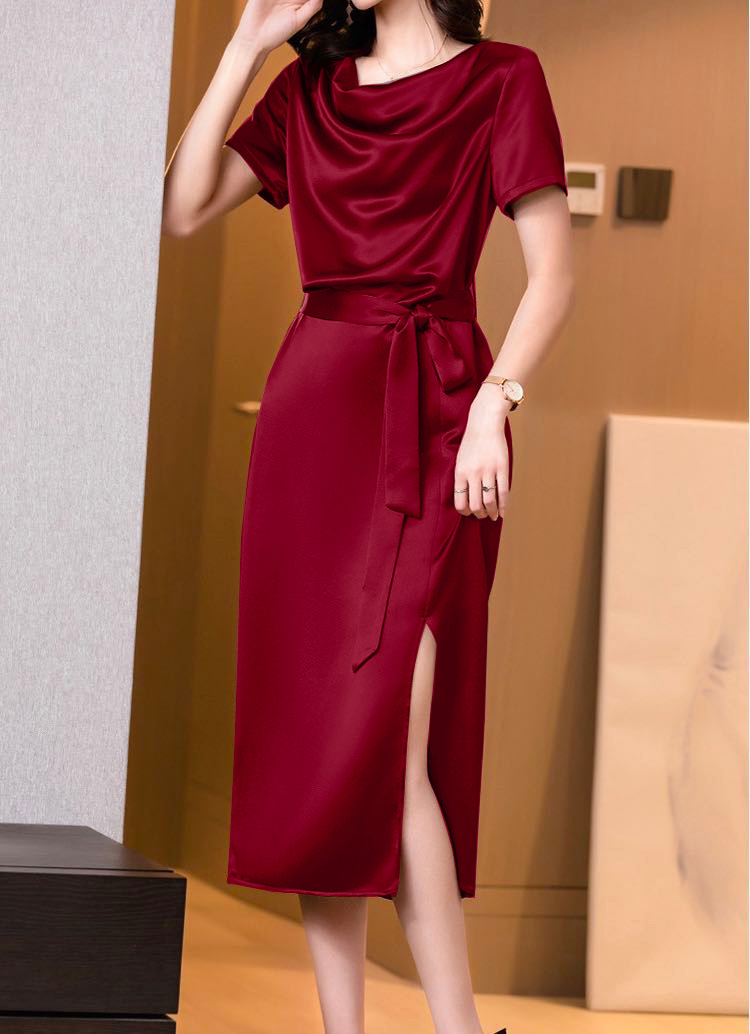 High Grade Acetic Silk Satin Dress,short Sleeve Prom Dress,side Spit Midi Dress