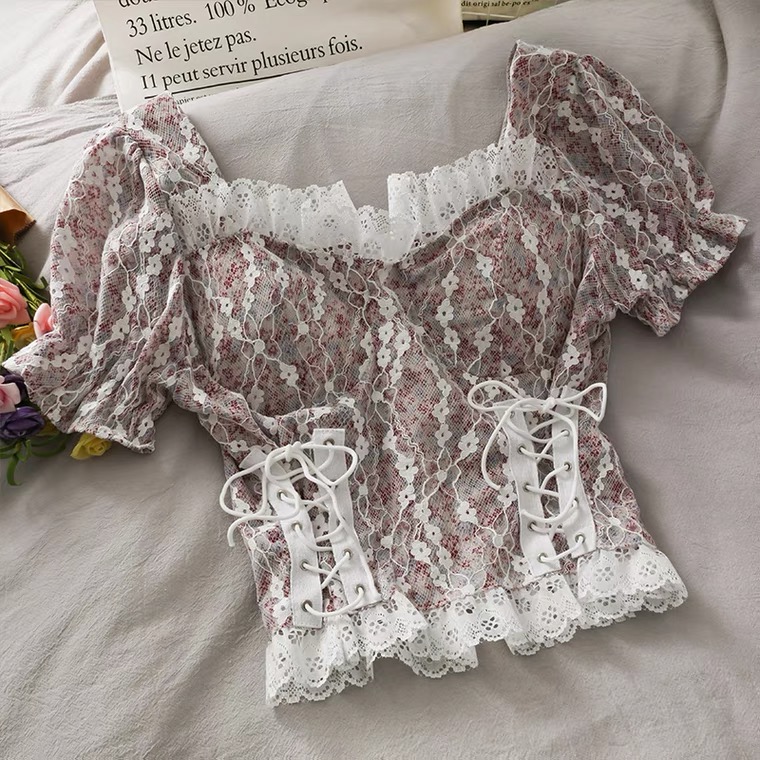 Splicing Hollow, Lace Bubble Sleeves, Small Shirt With Chest Pad, Waist Tie Floral Top