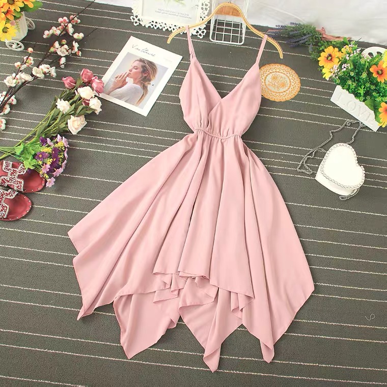 Candy Color Irregular High-waisted Dress, V-neck Halter Dress, Beach Dress