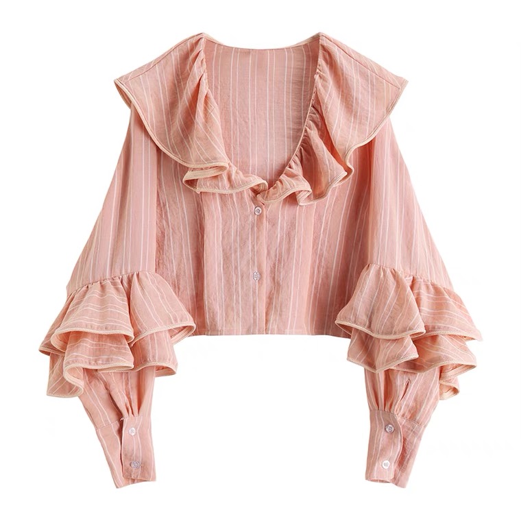 Pink Flounce Striped Short Shirt, High Waist, Long Sleeves, Girl's Blouse, Loose Crop Top