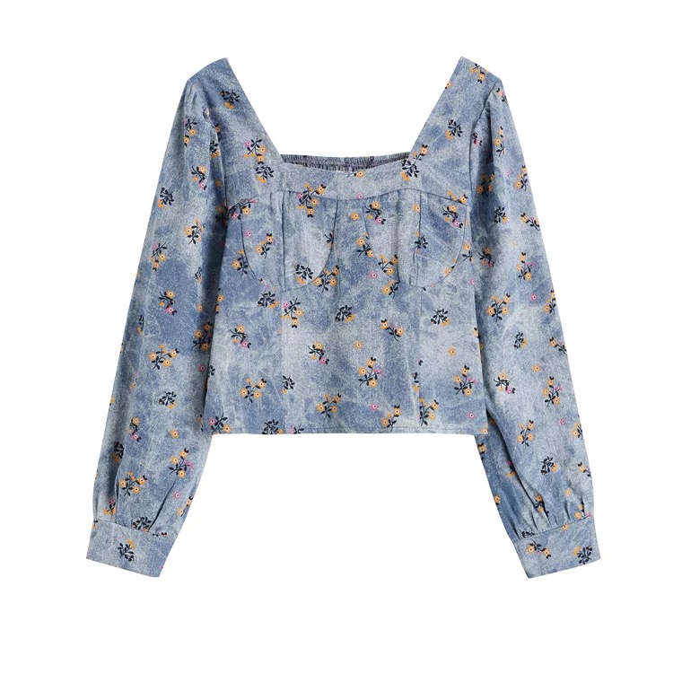 Spring And Autumn Style,square Collar Bubble Sleeve Shirt, Loose Denim Floral Crop Top