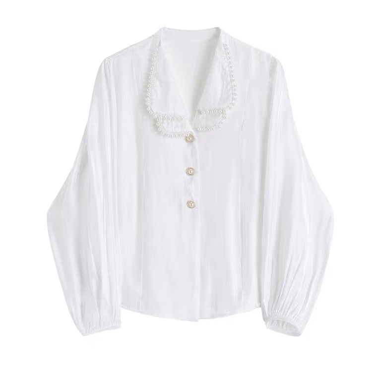 White Shirt, Vintage Lantern Sleeve Top, Delicate With Pearls