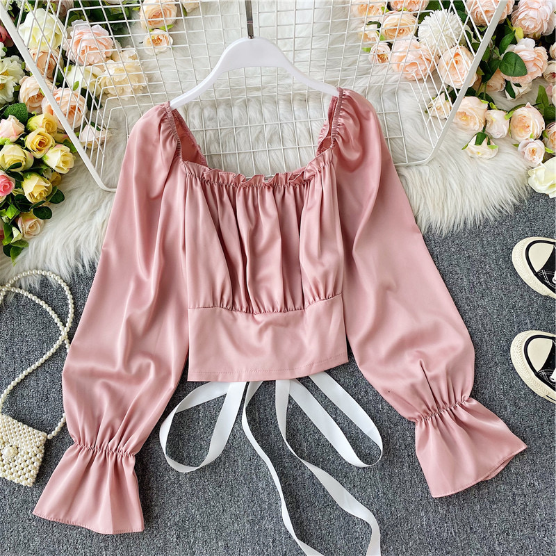 Short vintage crop top, sexy backless cross strap, court style puffy sleeve shirt