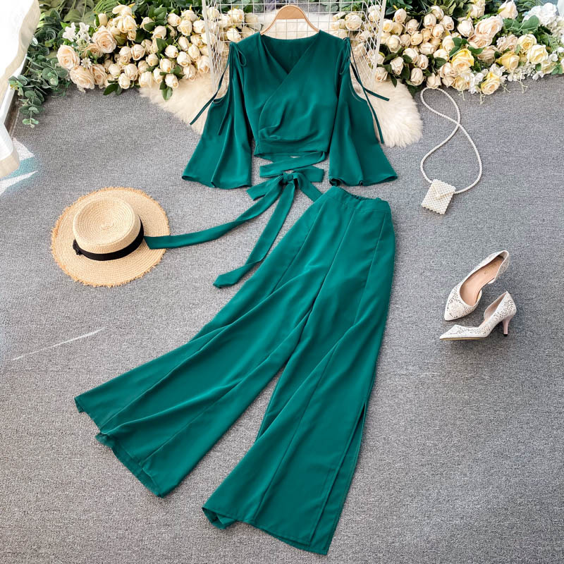 Spring vacation style suit, crop top short style + high waist wide leg pants chiffon, 2 pieces