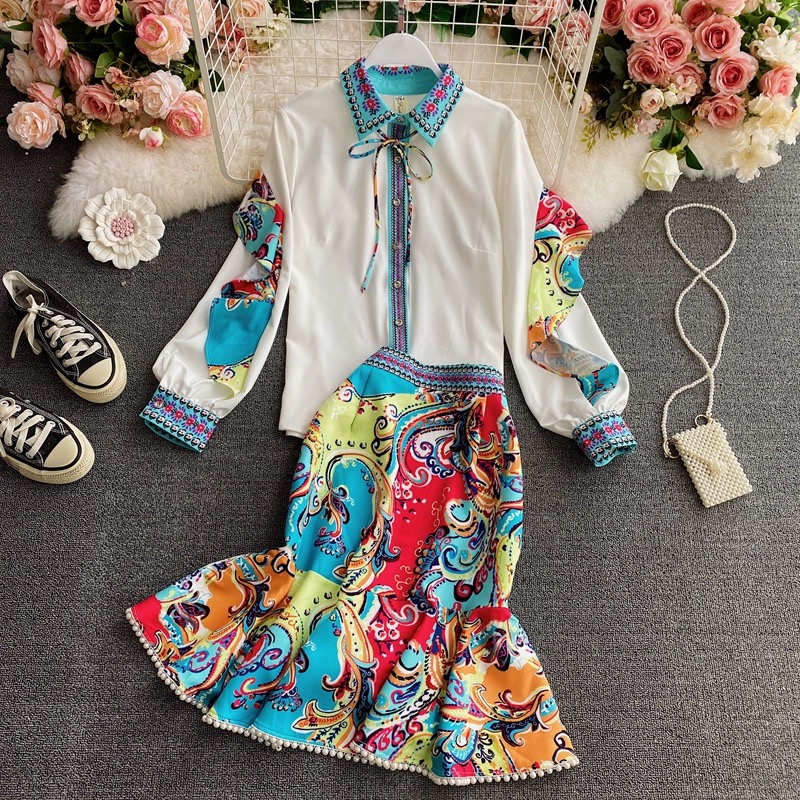Spring style, beaded and diamond-studded lapel shirt with lotus leaf sleeves, two suits, high Fanny waist skirt with fish tail