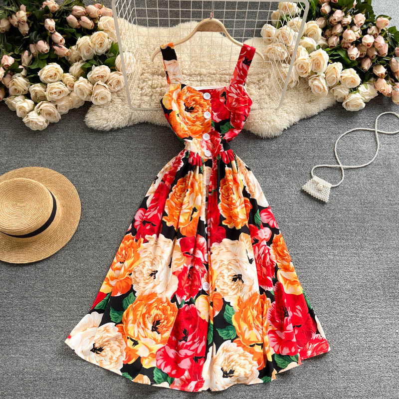 Vintage,spaghetti Strap Printed Dress,bright Printed Flower ,summer Dress