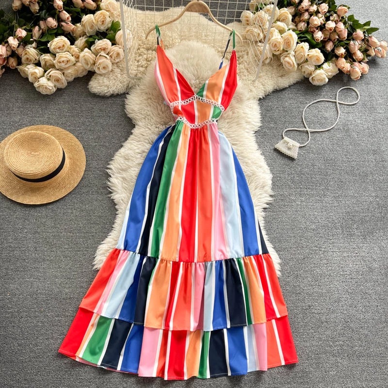 Clashing Colors, Splicing, Vacation Style, Sexy Backless, Long Halter Dress