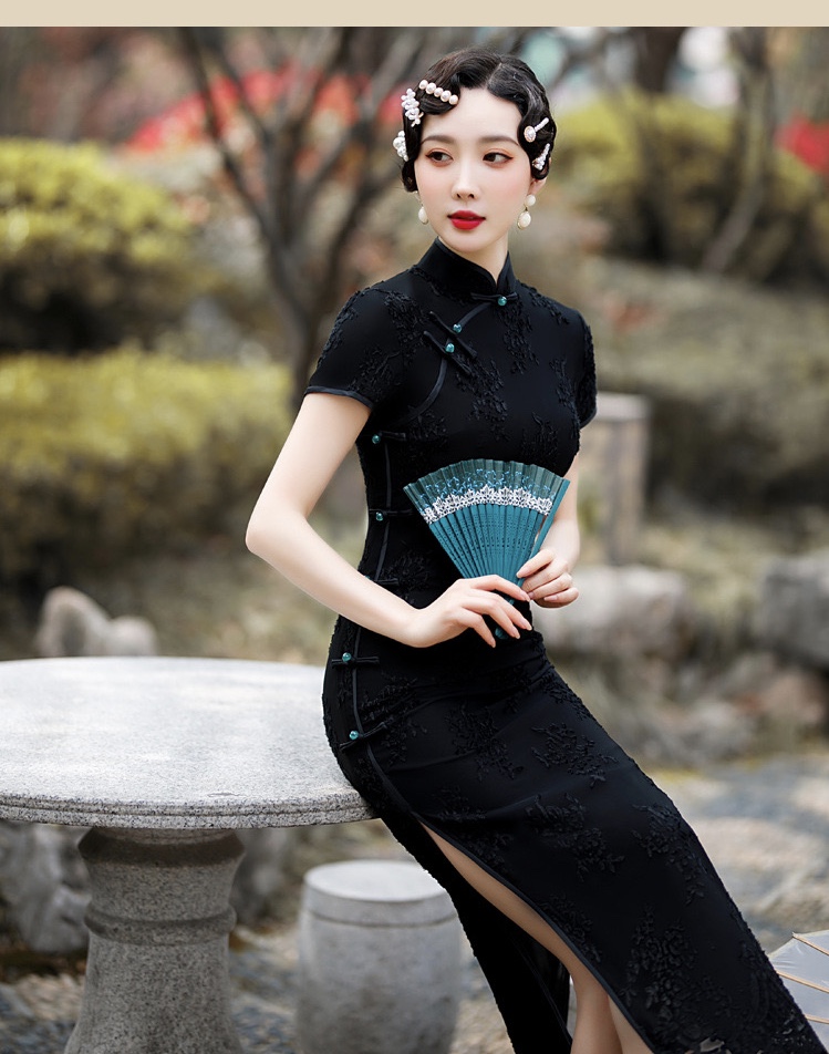 Improved Fashion Ladies Lace Cheongsam, Long Black Party Dress