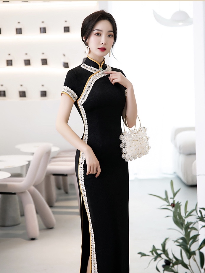 Fashion Ladies Lace Cheongsam, Long Black Party Dress,chinese Style
