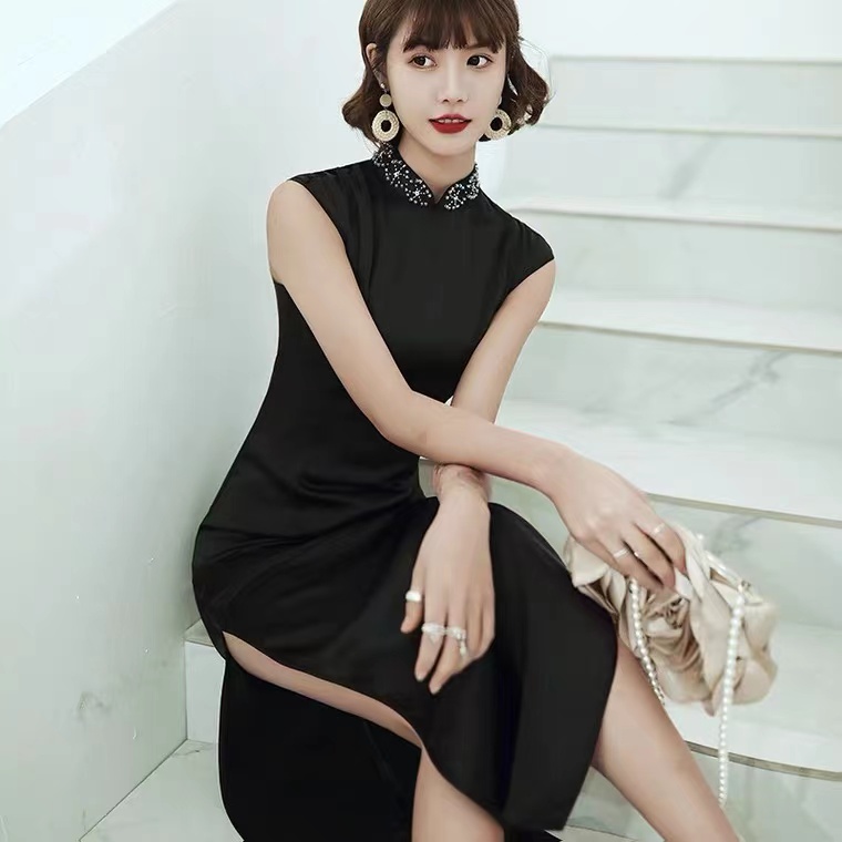 Sexy Black Long Cheongsam, Cocktail Party Evening Dress,manual Nail Bead,chinese Style