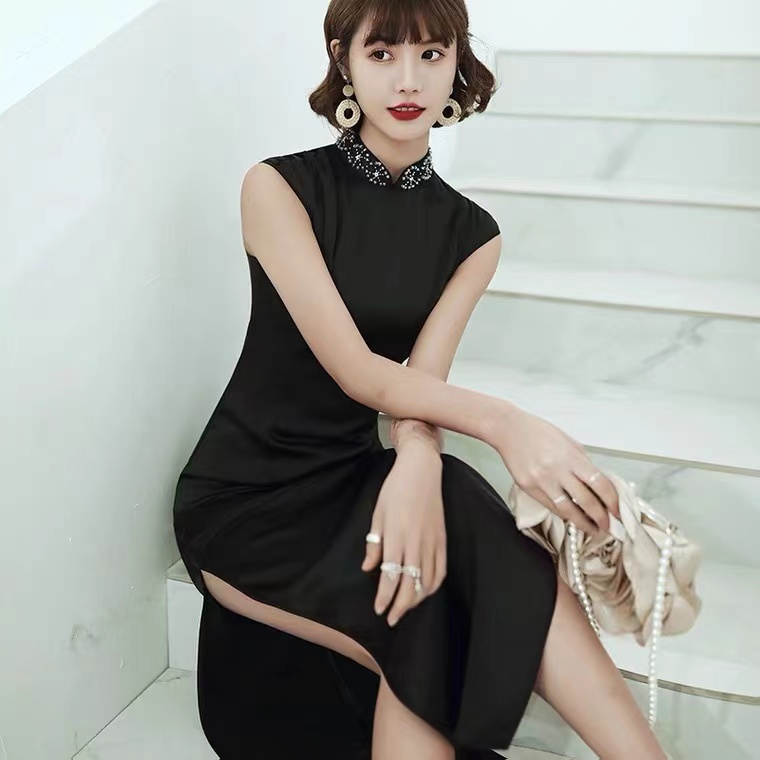 Sexy Black Long Cheongsam, Cocktail Party Evening Dress,Manual Nail Bead,Chinese Style