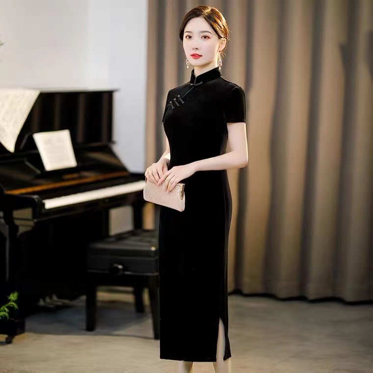 Improved Version Of Cheongsam Dress, Black Velvet Sexy Slim Short Sleeve Cheongsam,chinese Style