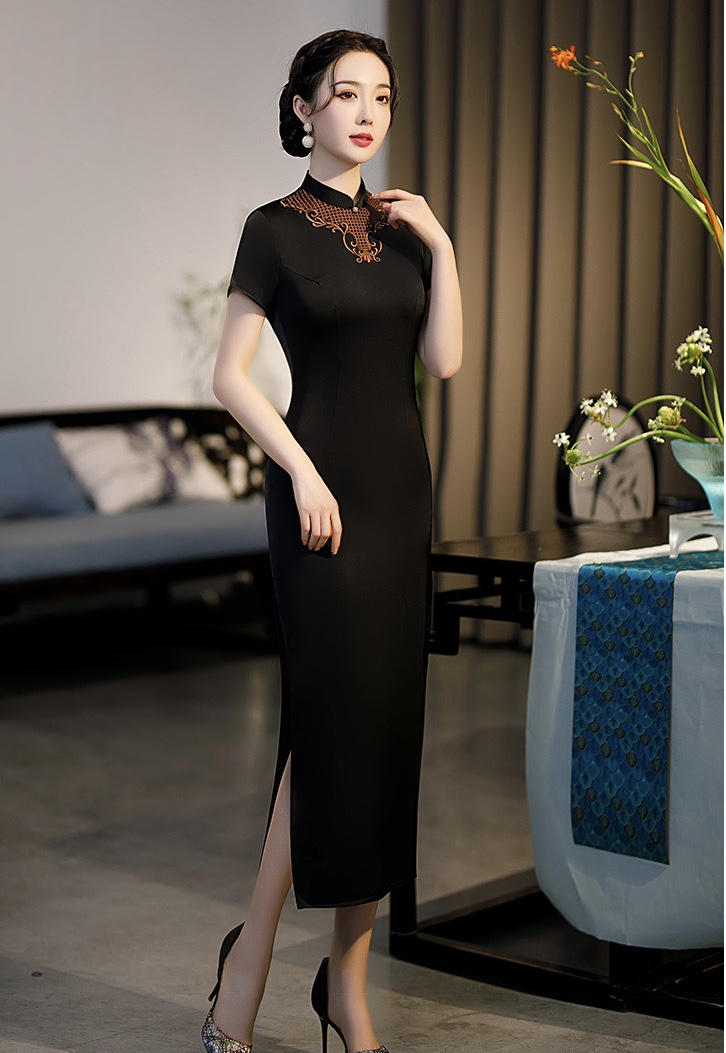 Black Cheongsam, Long Sexy, Embroidered, High Quality, Elegant Runway Dress,chinese Style