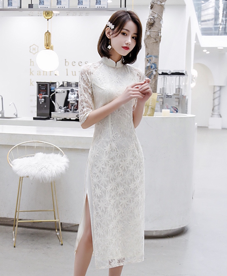 New,fashion, small and fresh, lace cheongsam dress, modern improvement, white cheongsam , bridesmaid dress,chinese style