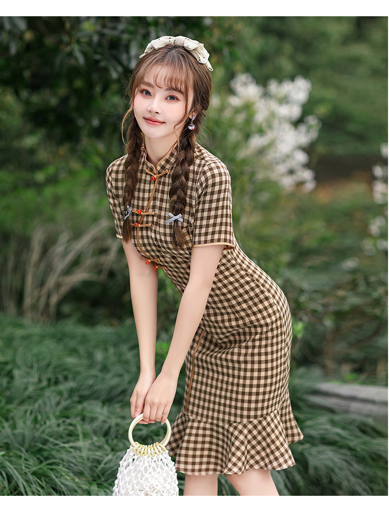 New, improved cheongsam, mermaid plaid dress, daily short sleeved summer dress,Chinese style