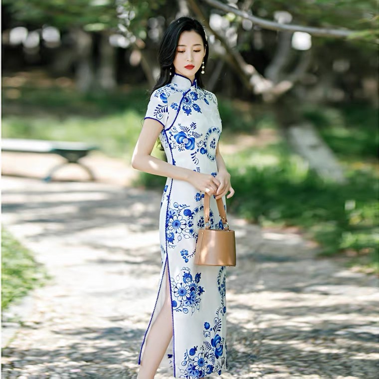 Blue And White Porcelain Cheongsam, Pure And Fresh Elegant Performance Dress, High Slit, Short-sleeve Runway Cotton Cheongsam ,chinese Style