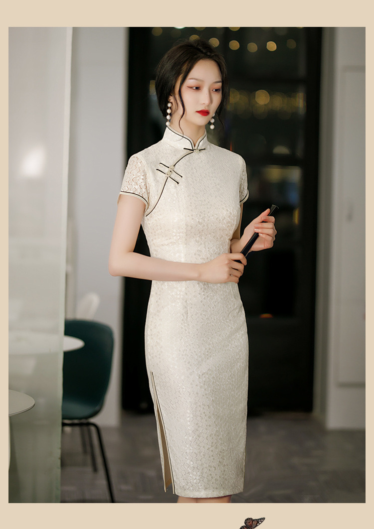 White Prom Dress, Improved Lace Cheongsam Midi Dress,chinese Style