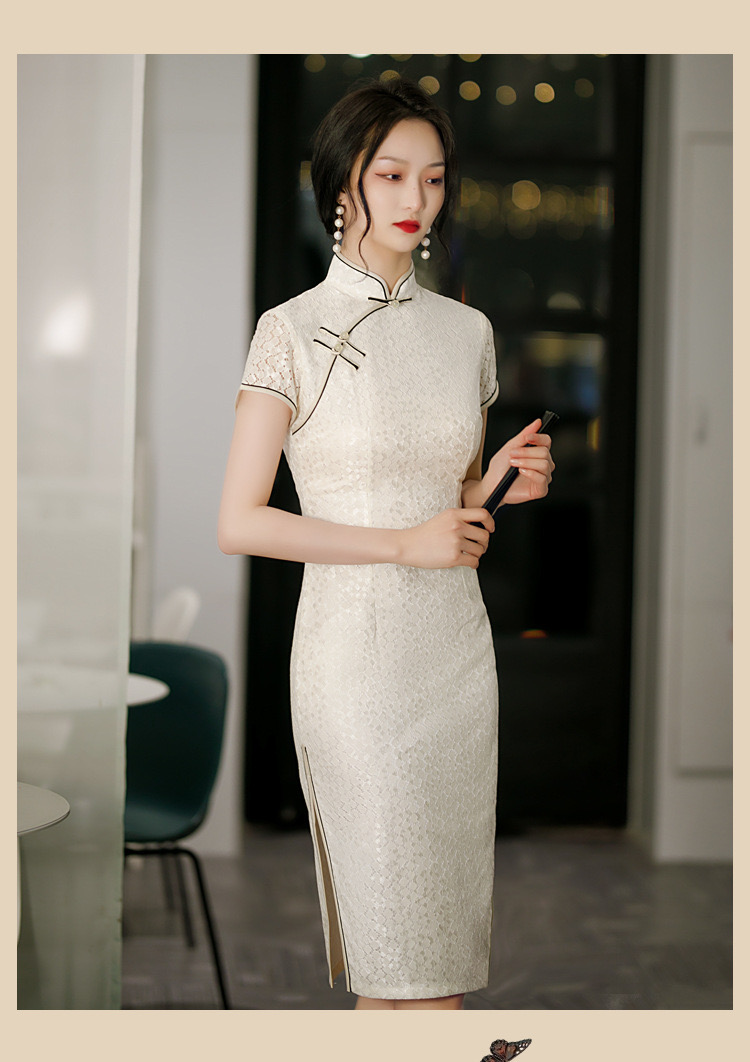 White Prom Dress Improved Lace Cheongsam Midi Dress chinese Style