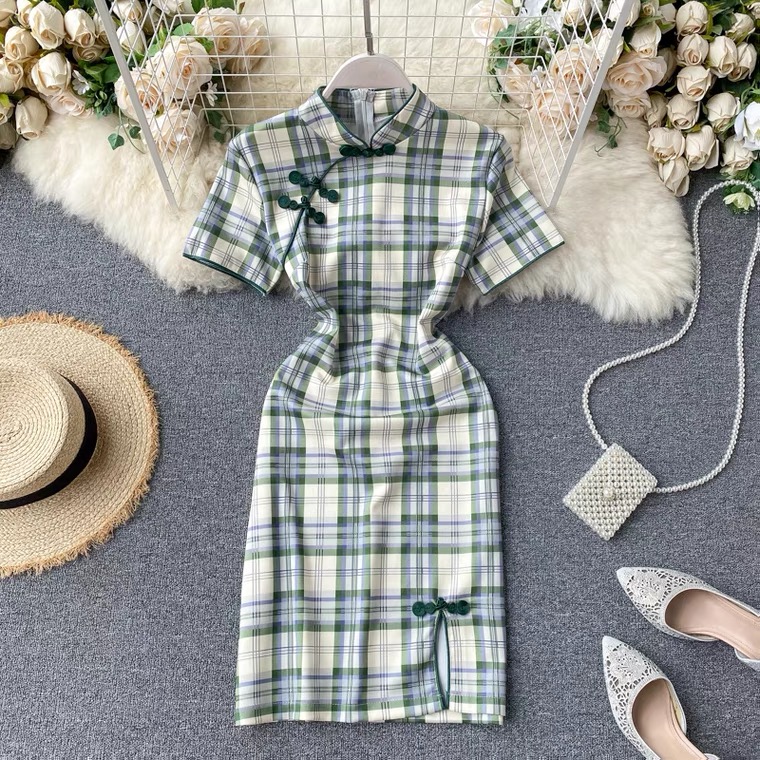 Summer, Vintage, Cheongsam Modified Version Of The Dress, Girls, Young Style Short Sleeve Plaid Bodycon Dress ,chinese Style