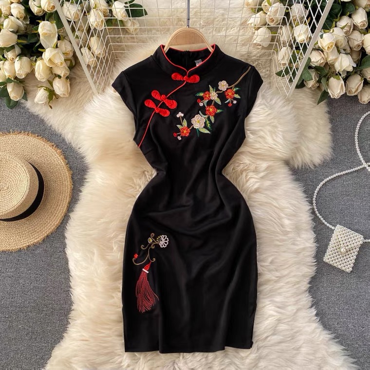 Summer, Vintage,cheongsam Modified Dress, Round Neck Sleeveless, Cuff Button, Sexy Bodycon Dress ,chinese Style