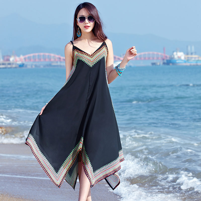 Bohemian, Printed Irregular Square Dress, Beach Spaghetti Strap Dress