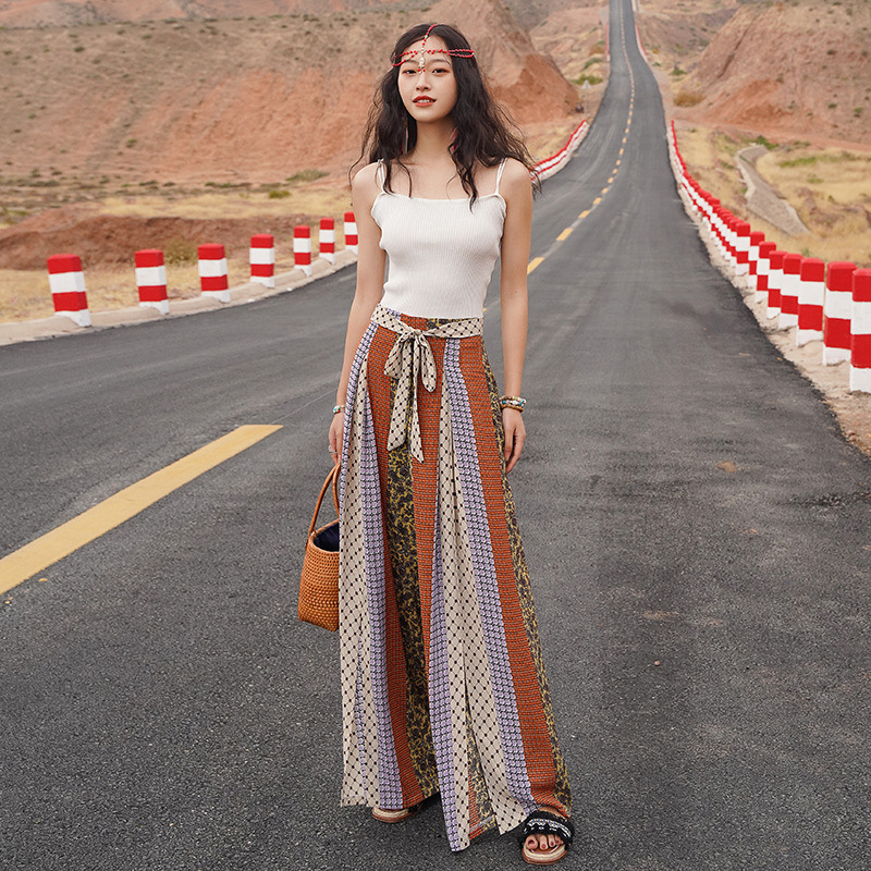 Spring And Summer, Travel And Vacation Wear, Ethnic Style, High Waist Print Wide Leg Pants, Split Bohemian Pants