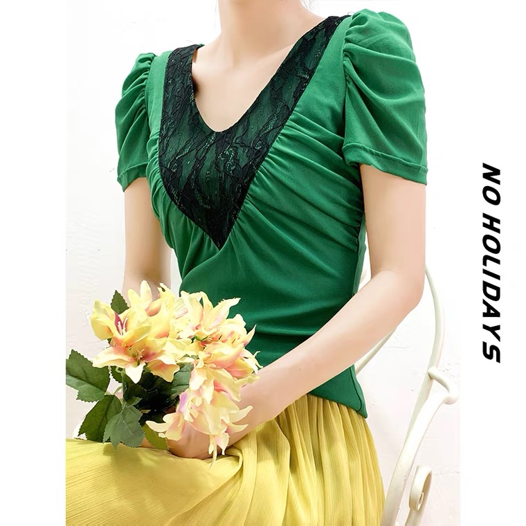 Cool Summer, Counter Tail Goods, Green Breathable Short Sleeves, V-neck Lace Top