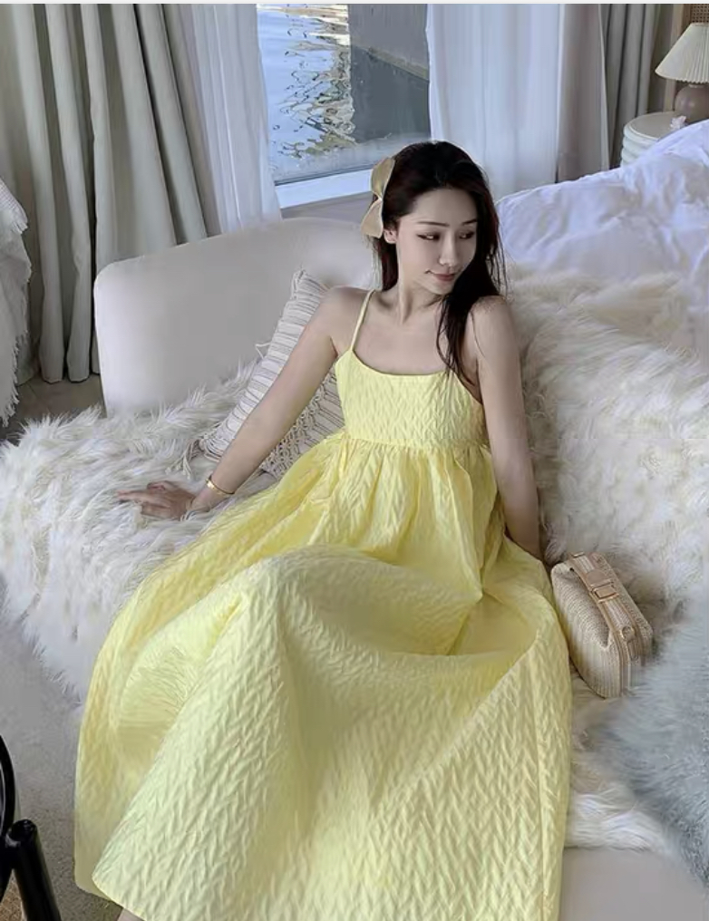 Unique, Textured Yellow Dress, Loose Spaghetti Strap Dress