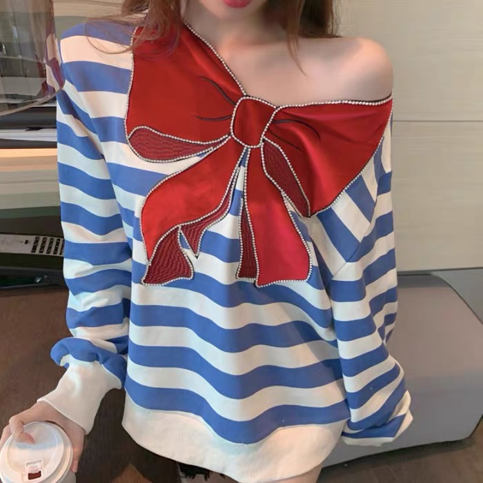 Fashion, Bow-tie Striped Loose Coat, Casual Sweet Hoodie