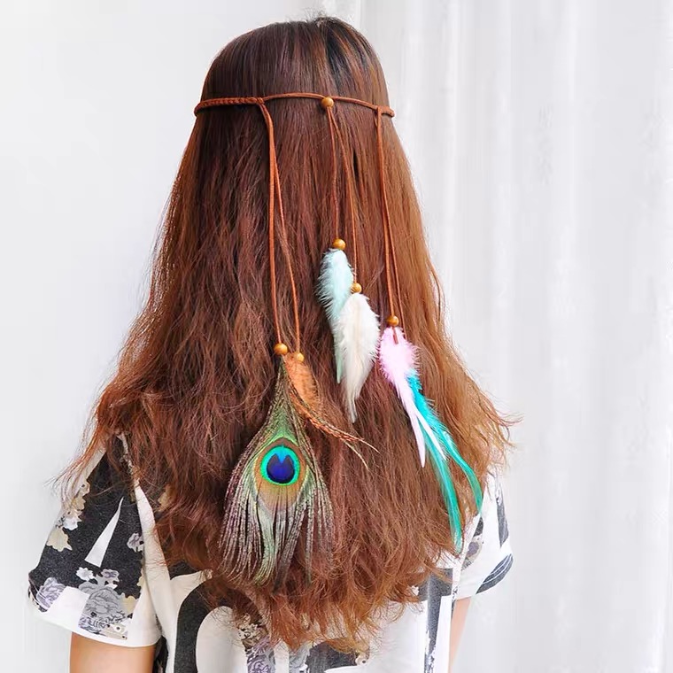 Bohemian Ethnic Hair Band, Vintage Peacock Feather Hair Accessory, Travel/photography Hair Rope Long Tassel Headdress