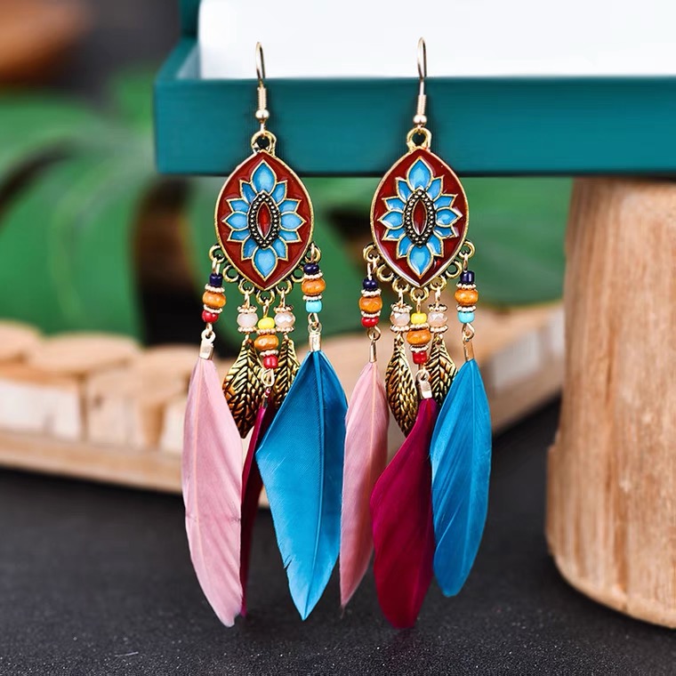 Bohemian vacation style, tassel feather earrings, vintage ethnic style earrings