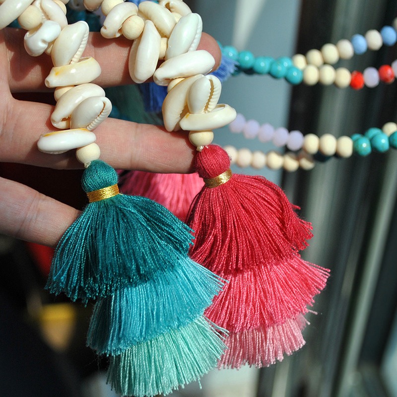 Folk style, fringe long sweater chain, handmade beaded shell tassel performance necklace, travel/vacation beach accessories