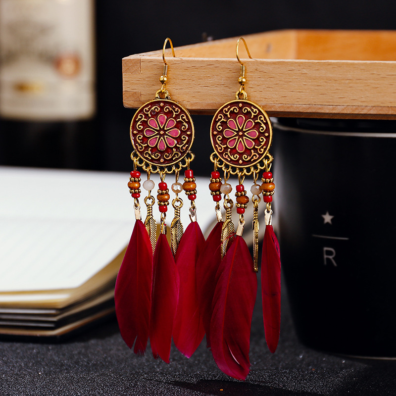 Bohemian Vacation Style, Tassel Feather Earrings, Vintage Ethnic Style Earrings
